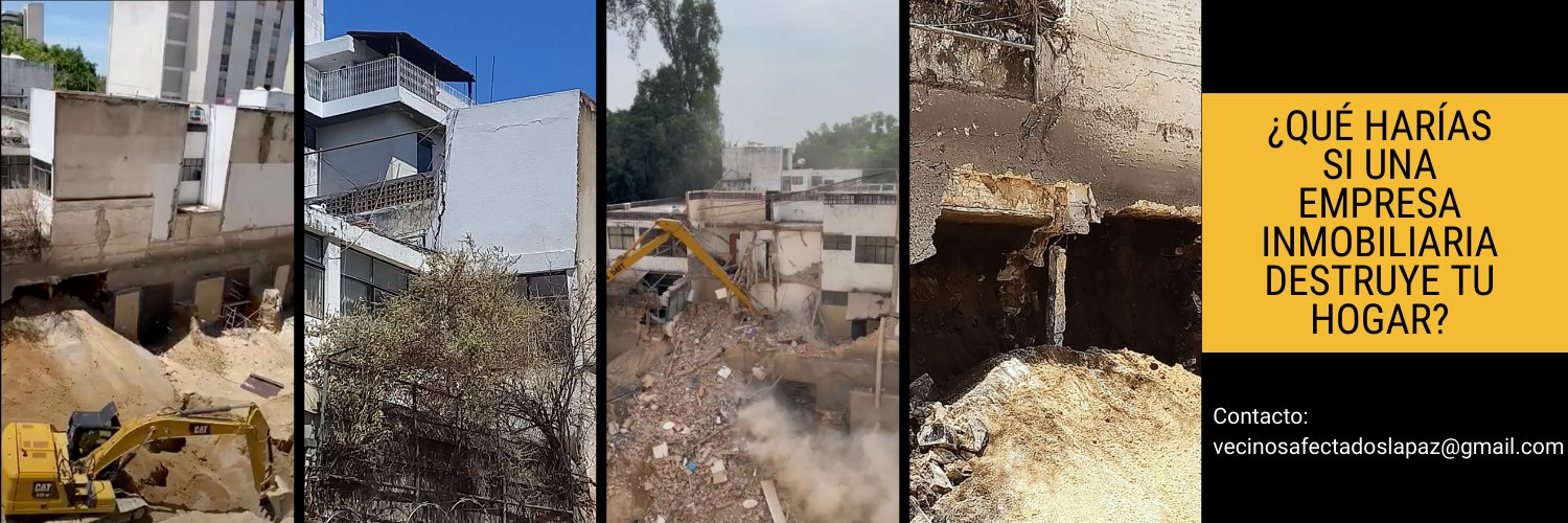 Portada de la cuenta de Twitter de Vecinos Derrumbe La Paz #2384 / @VecinosDerrumbe, aquí muestran una cronología visual que va desde el desalojo hasta la demolición de una parte de las viviendas de los Departamentos Europa.